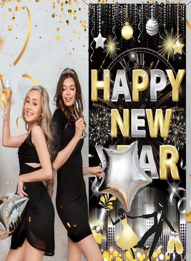 هواف غطاء باب HOWAF "عام جديد سعيد"، لافتة زينة رأس السنة 2026 باللونين الأسود والذهبي، لافتة باب ليلة رأس السنة لمستلزمات حفلات رأس السنة، خلفية "عام جديد سعيد 2026" - Image 5